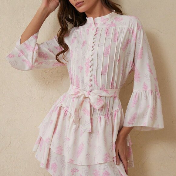 Dresses & Skirts - Pink Boho Women's Elegant Floral Dress with Round Neck